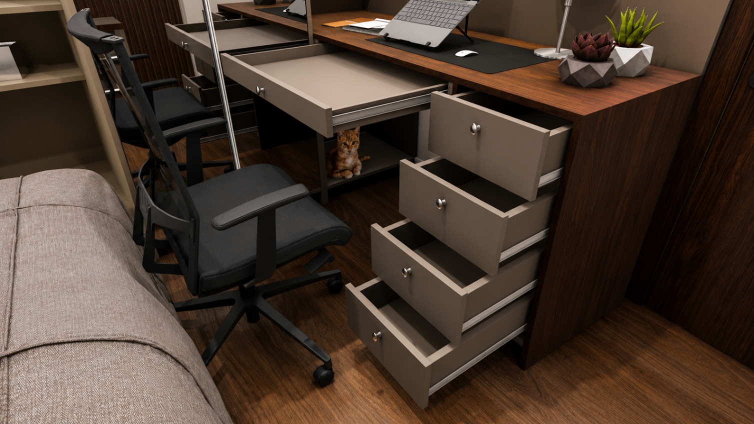 Render 3D de home office planejado em madeira escura