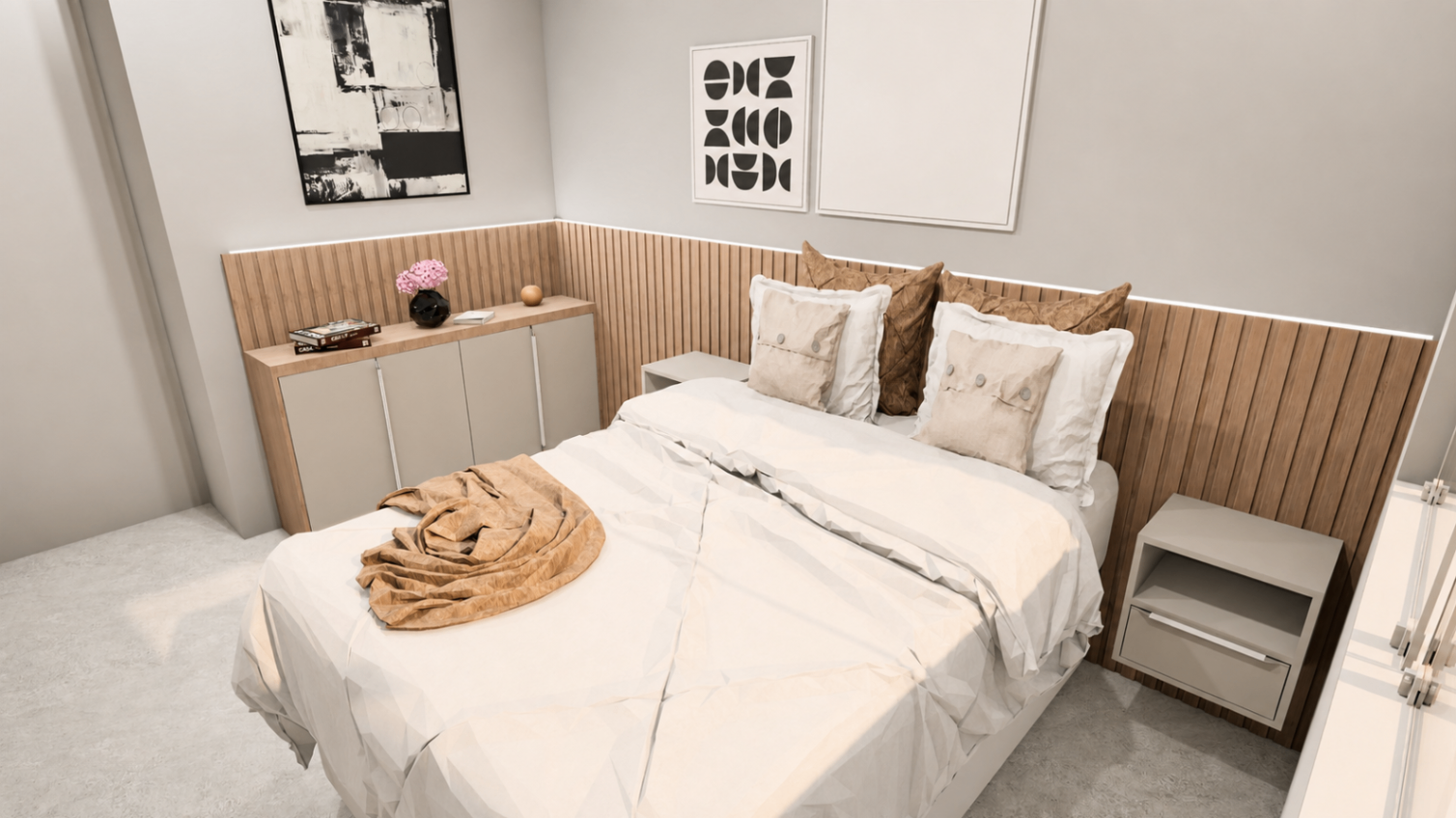 Render 3D de quarto planejado com painel ripado